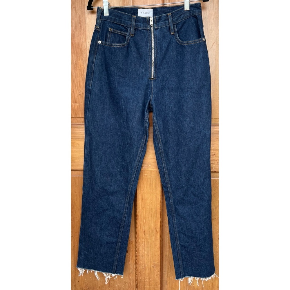 Frame Denim Le High & Tight Exposed Zipper Dark Blue Frayed Hem Jeans 27 - Picture 1 of 11